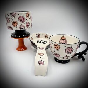 POTTERS STUDIO Halloween Set Pumpkin Mug Spoon Rest Candy Dish Spooky Set